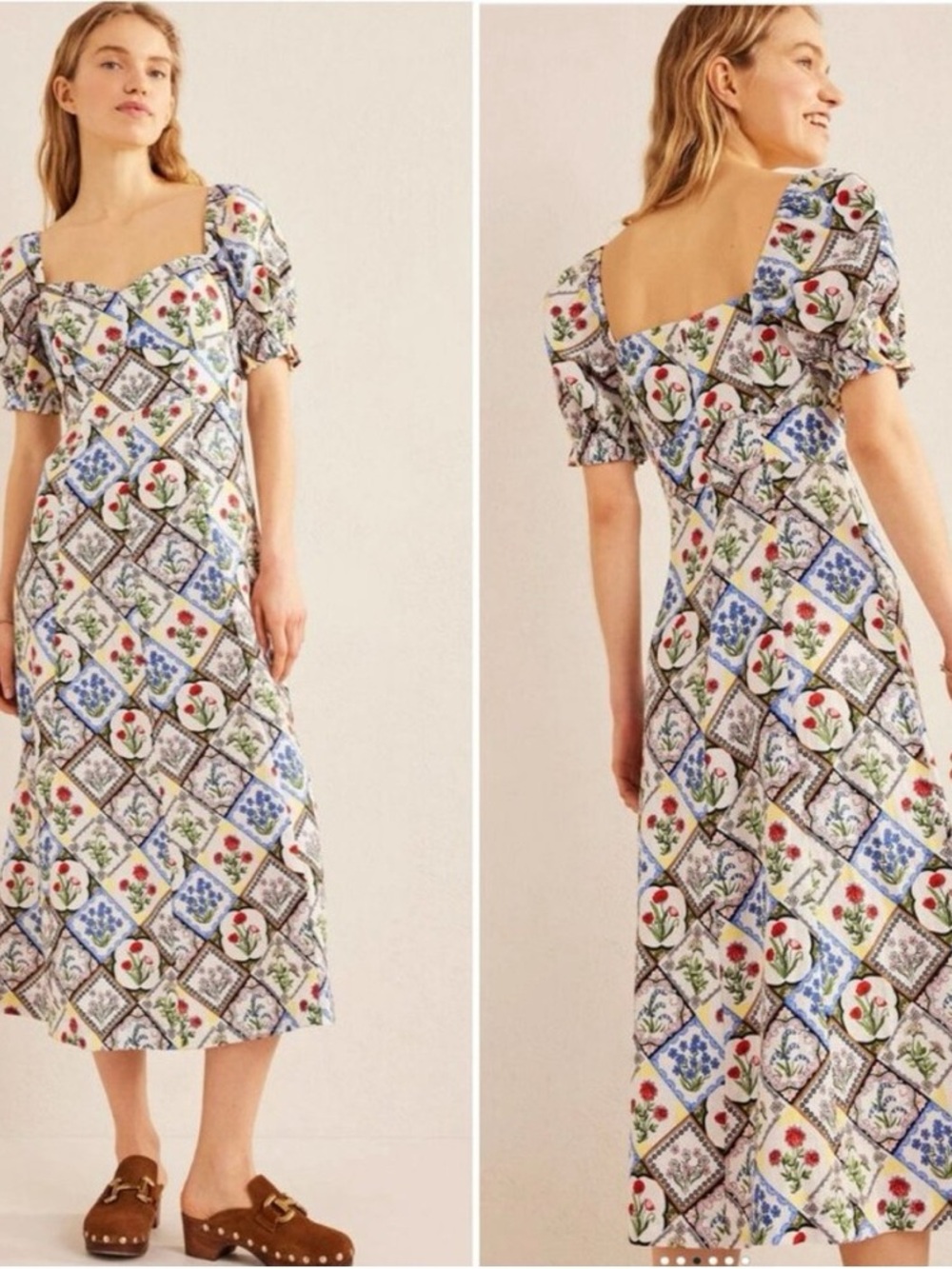 Boden Ruched Sweetheart Midi Maxi Floral Linen Dress Ivory Wild Bluebell 20 22